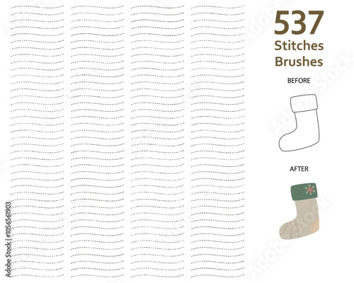 Set of 537 medium bold stitches art brushes with various lengths for clothes, decoration, story book, animation/illustration. Compatible with Adobe Illustrator CS6 and above.