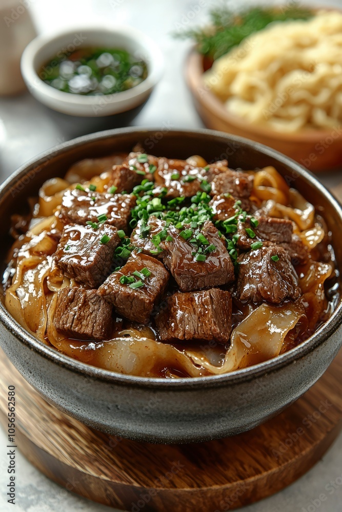 Beef and Noodle Stir-Fry with Green Onions in a Black Bowl Beef and Noodle Stir-Fry with Green Onions in a Black Bowl