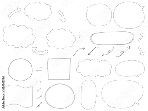 白の吹き出しと矢印：シンプルな手描きの線画セット