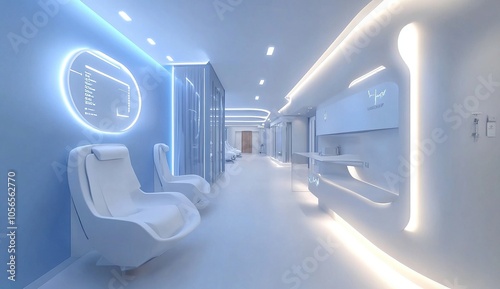 A futuristic hospital waiting area with white chairs, a reception desk, and bright lighting.