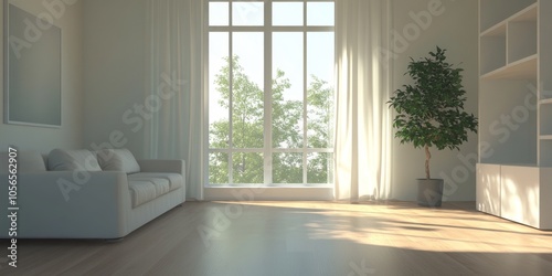 A serene and minimalist living room featuring a large window, white sofa, and potted plant, bathed in natural light.