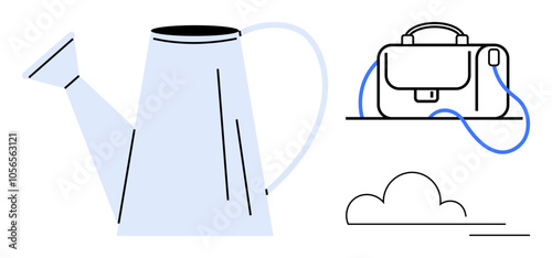 Watering can positioned on the left, briefcase on a shelf to the right, and a cloud below. Ideal for gardening, office life, outdoor activities, minimalist art, environmental themes, modern home
