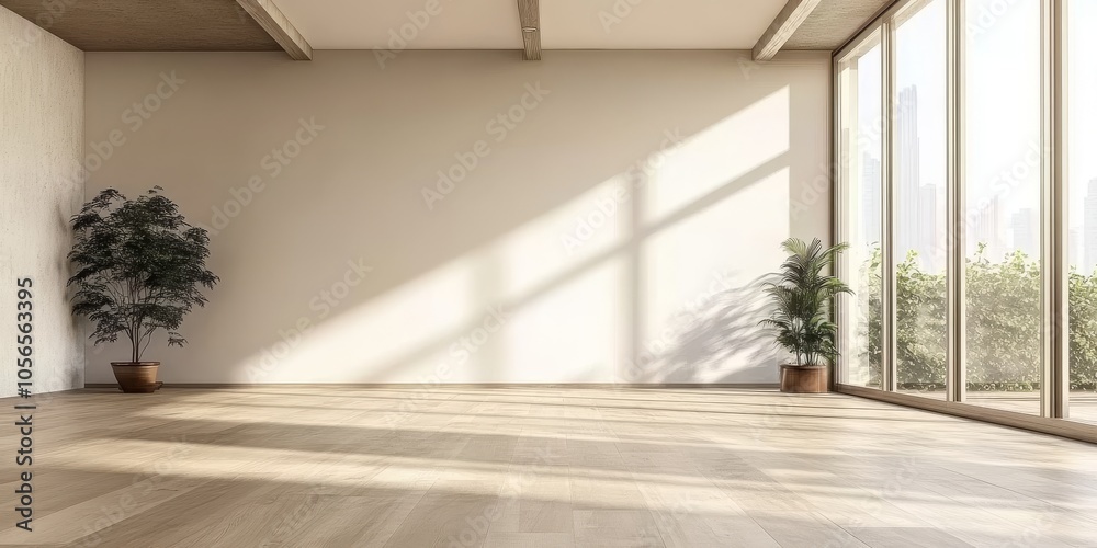Bright, spacious minimalist room with large windows, wooden flooring, and indoor plants. Ideal for modern living or office space. Bright, spacious minimalist room with large windows, wooden flooring, and indoor plants. Ideal for modern living or office space.