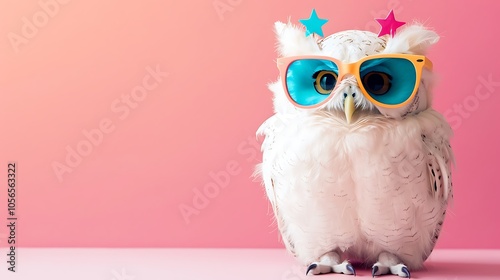 A plushie owl with star shaped glasses on pink background photo