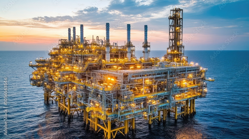 At dusk, a majestic oil refinery lights up, casting a warm glow over the serene seascape in the background.