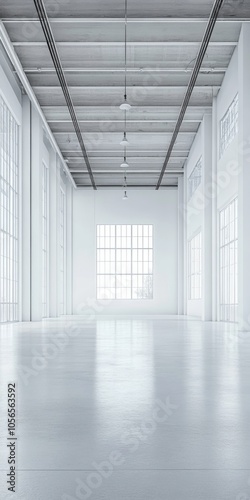 A large  empty room with a window and a light fixture hanging from the ceiling. The room is white and has a clean  minimalist feel