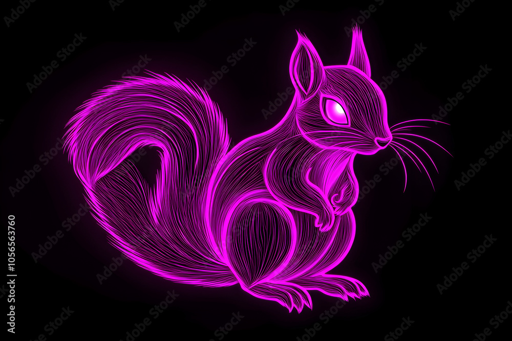 A mesmerizing neon depiction of a fox squirrel with glowing eyes in pink and purple hues on a dark backdrop. A mesmerizing neon depiction of a fox squirrel with glowing eyes in pink and purple hues on a dark backdrop.