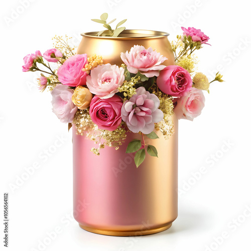 a-pink-and-gold-can-with-flowers-on-it-on-white-ba