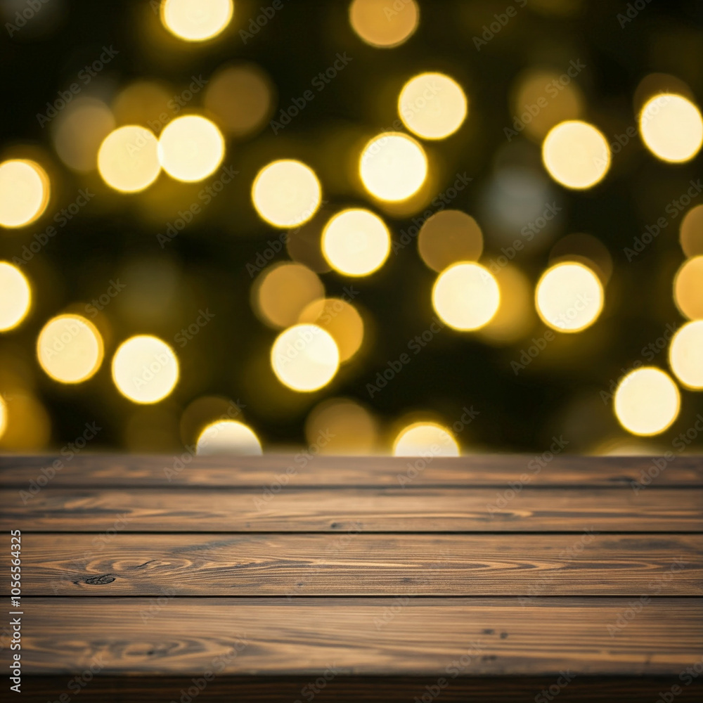 Wood table top on shiny bokeh gold background - can be used for display or montage your products Wood table top on shiny bokeh gold background - can be used for display or montage your products
