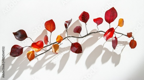 Colorful autumn leaves on a delicate branch, casting intricate shadows on a white background for a minimalist and serene nature concept.