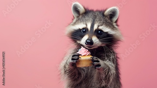 A plushie raccoon holding a tiny cupcake on pink background