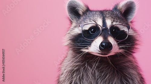 A plushie raccoon wearing tiny sunglasses on pink background