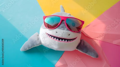 A plushie shark wearing sunglasses on colorful background