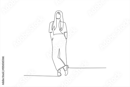 A minimalist line drawing of a woman standing casually with hands in pockets.