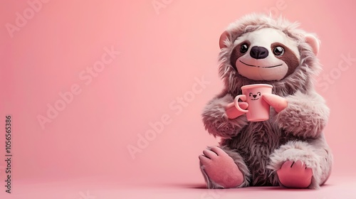 A plushie sloth holding a tiny coffee cup on pink background