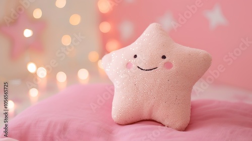 A plushie star with a sparkly smile on pink background