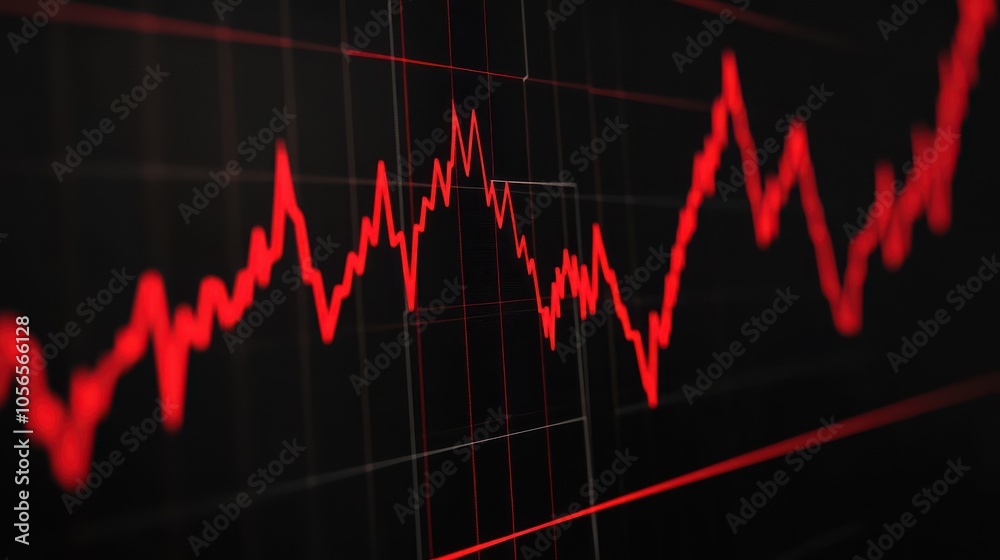 A close-up view of a descending red graph line, indicating a drop in data or stock prices on a digital display. A close-up view of a descending red graph line, indicating a drop in data or stock prices on a digital display.