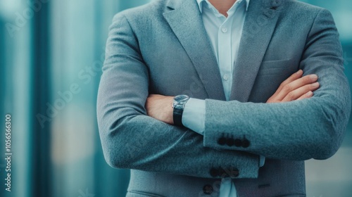 A confident businessman in a gray suit with crossed arms, set against a modern office backdrop, conveying professionalism and authority.