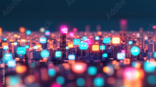 A vibrant cityscape showcasing glowing social media icons, representing digital connectivity and modern urban life at night.