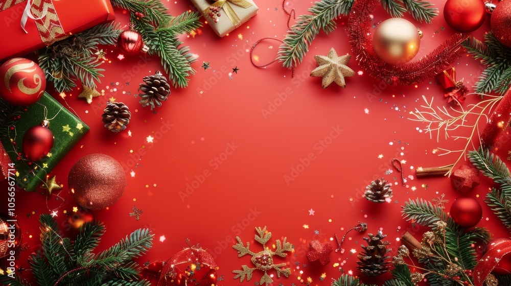 A red background with a Christmas tree and a bunch of Christmas decorations. The decorations include a bunch of red balls, a bunch of pine cones, and a bunch of gold stars A red background with a Christmas tree and a bunch of Christmas decorations. The decorations include a bunch of red balls, a bunch of pine cones, and a bunch of gold stars