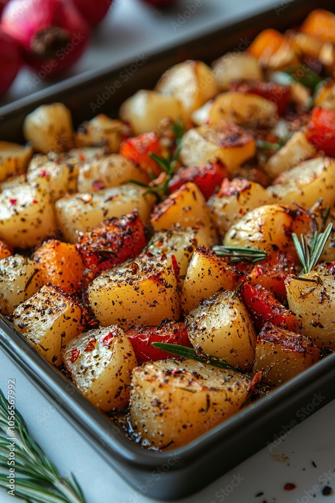 Roasted Potatoes, Peppers, and Rosemary in a Baking Dish Roasted Potatoes, Peppers, and Rosemary in a Baking Dish