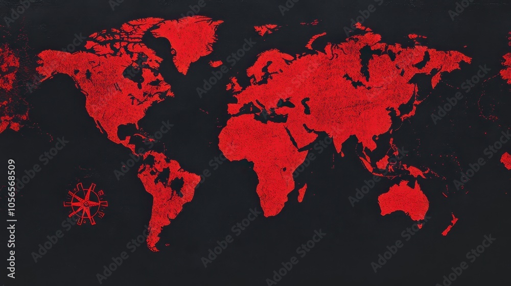Stylized world map in red on a black background, perfect for design and graphic projects focused on global themes. Stylized world map in red on a black background, perfect for design and graphic projects focused on global themes.