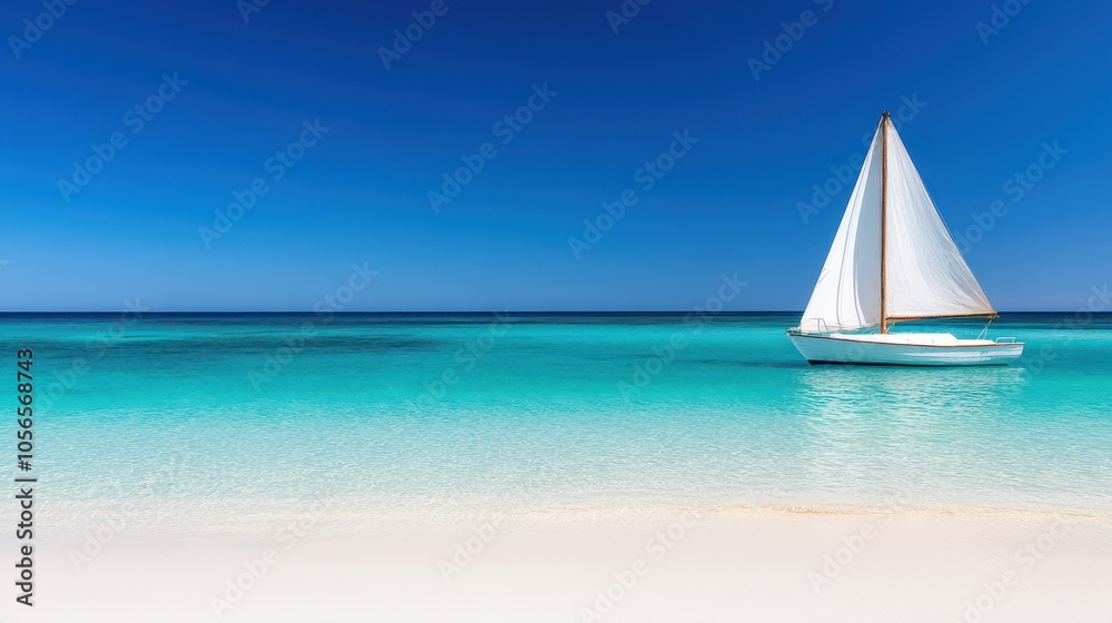 Obraz premium Tranquil seascape featuring a white sailboat on crystal-clear turquoise water under a bright blue sky.