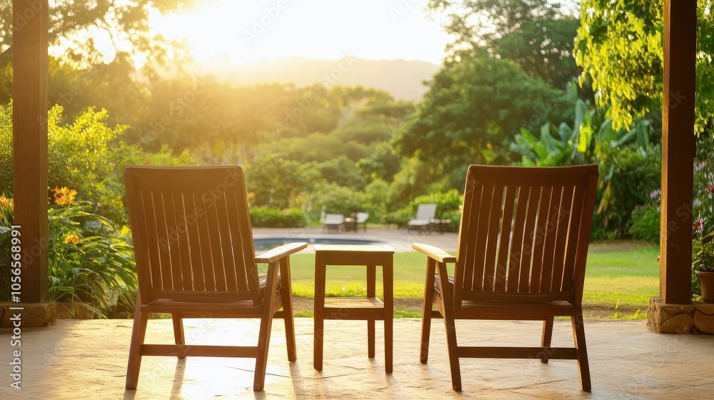 Two wooden chairs and a small table set in a serene outdoor space, bathed in warm sunlight at sunset, inviting relaxation and comfort. Two wooden chairs and a small table set in a serene outdoor space, bathed in warm sunlight at sunset, inviting relaxation and comfort.