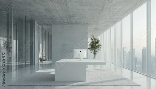 Minimalist office interior with large windows overlooking city skyline.