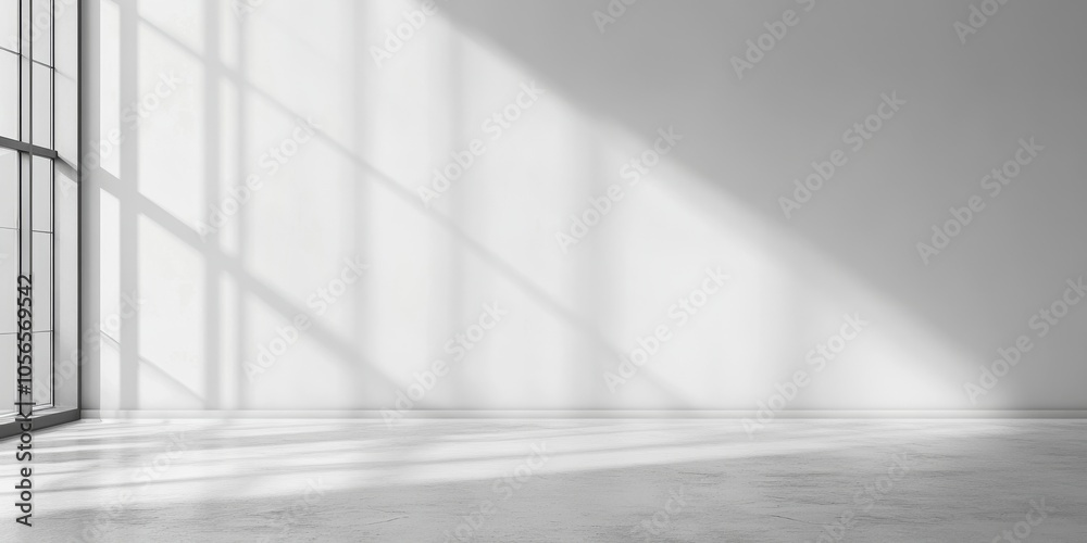 A spacious, empty room with large windows casting natural light and shadows on the white walls and floor, showcasing minimalist design. A spacious, empty room with large windows casting natural light and shadows on the white walls and floor, showcasing minimalist design.