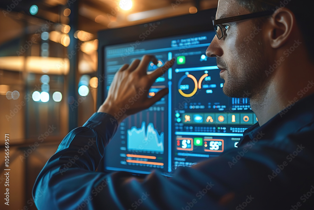 Facility manager monitoring smart building controls on touchscreen, optimizing HVAC and lighting, energy usage graph visible Facility manager monitoring smart building controls on touchscreen, optimizing HVAC and lighting, energy usage graph visible