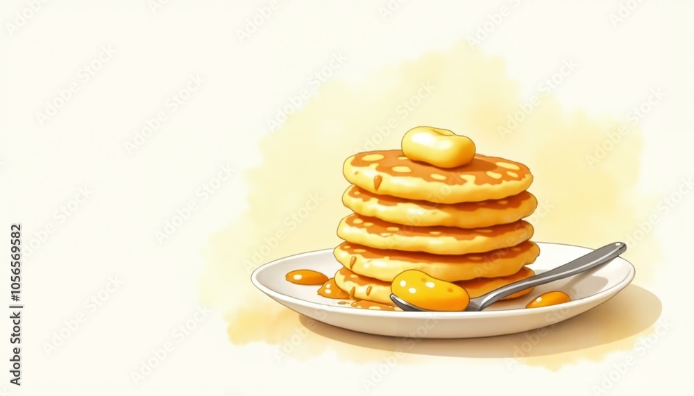 Stack of delicious latkes with butter and syrup on a plate, light background, copy space. Stack of delicious latkes with butter and syrup on a plate, light background, copy space.