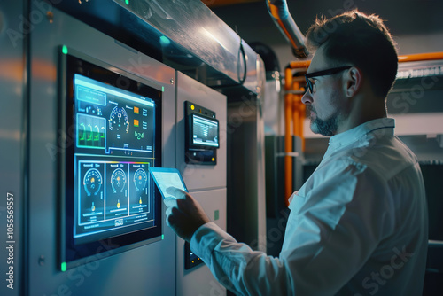 Facility manager monitoring smart building controls on touchscreen, optimizing HVAC and lighting, energy usage graph visible