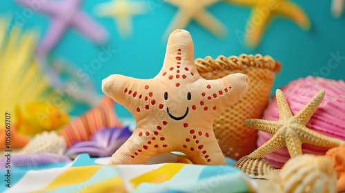 A smiling starfish plushie with beach elements on colorful background