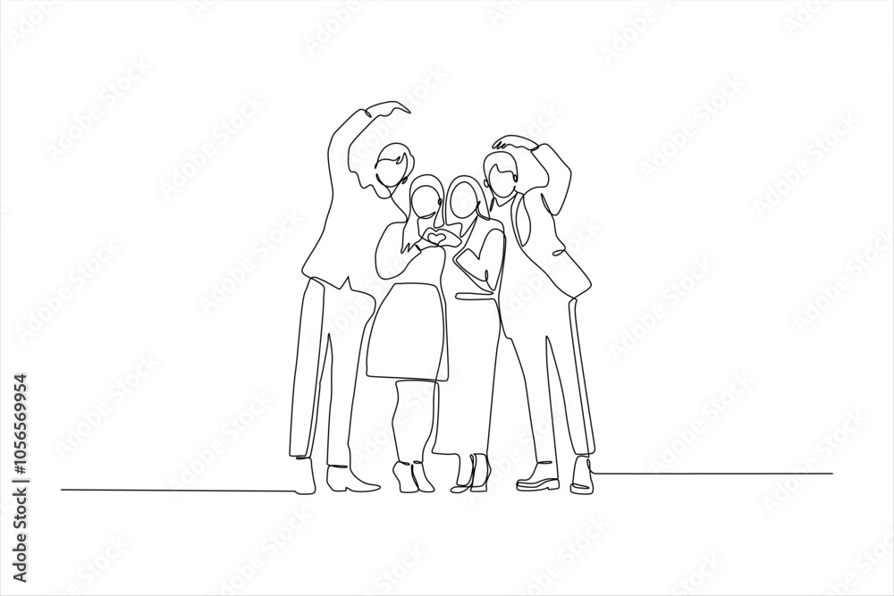 A continuous line drawing of four figures forming a heart shape together. A continuous line drawing of four figures forming a heart shape together.