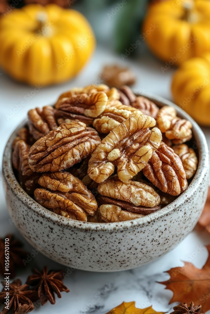A Close-Up of Shelled Pecans in a Speckled Bowl A Close-Up of Shelled Pecans in a Speckled Bowl