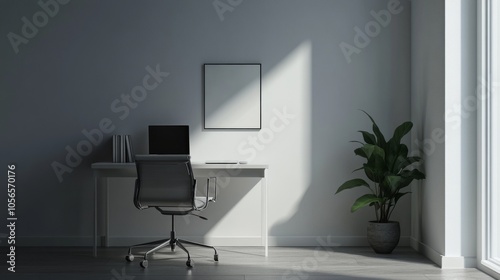 A minimalist home office setup featuring a sleek desk, ergonomic chair, and a potted plant, bathed in natural light from a large window.