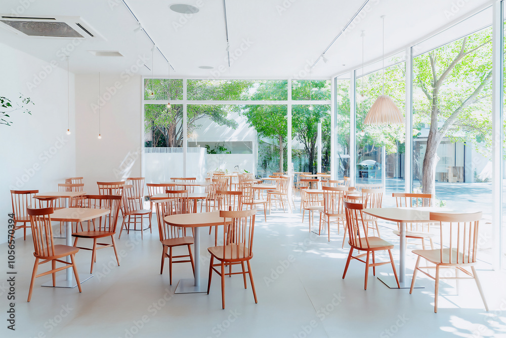 Fototapeta premium Bright Cafe with Large Windows