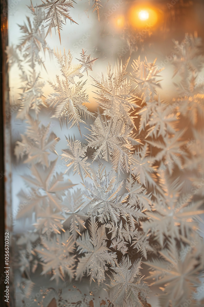 Close-up of frosted window with intricate ice crystals, warm indoor light in the background Close-up of frosted window with intricate ice crystals, warm indoor light in the background