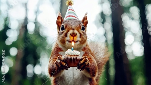 Charming Squirrel Celebrating with a Birthday Cupcake