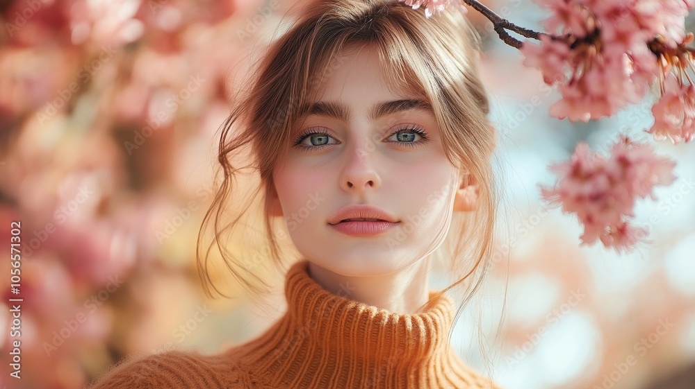In a park in the autumn and autumn, lovely women with pink sakura flowers In a park in the autumn and autumn, lovely women with pink sakura flowers