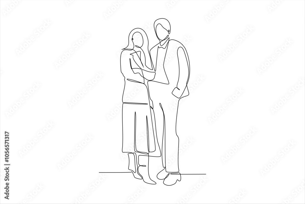 A minimalist line drawing of a couple standing closely together.
