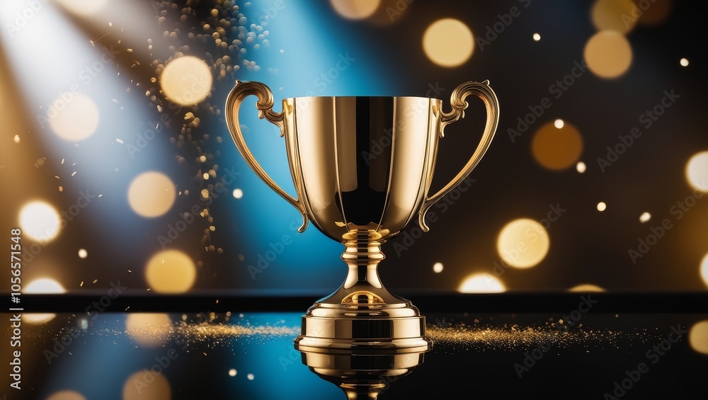 Gold championship trophy cup. Celebrating financial incentives, award recognition, success achievement Gold championship trophy cup. Celebrating financial incentives, award recognition, success achievement