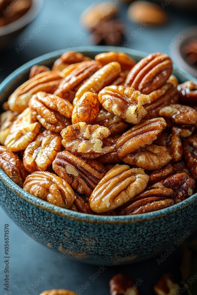 Close-up of Glazed Pecan Halves in a Blue Bowl Close-up of Glazed Pecan Halves in a Blue Bowl