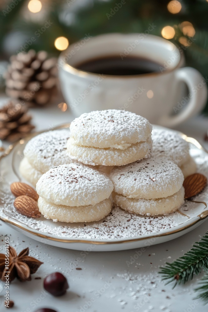 Powdered Sugar Cookies with Almonds on a Plate Powdered Sugar Cookies with Almonds on a Plate