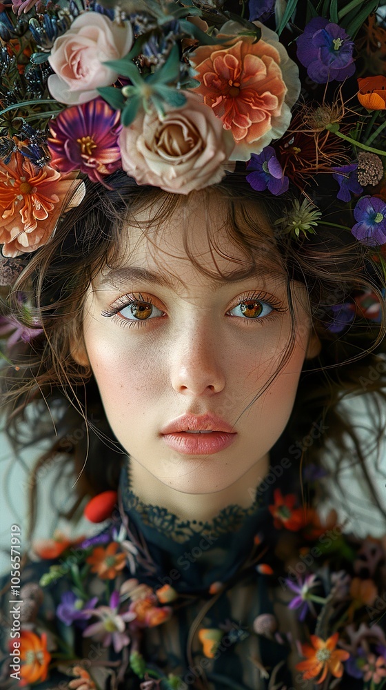 Floral Crown Portrait: A Woman's Beauty Embraced by Nature Floral Crown Portrait: A Woman's Beauty Embraced by Nature