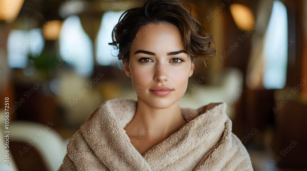 Cozy Luxury A woman wrapped in a soft towel reveling in the tranquility and comfort of a refined elegant setting  This image captures a moment of serene indulgence and personal wellness