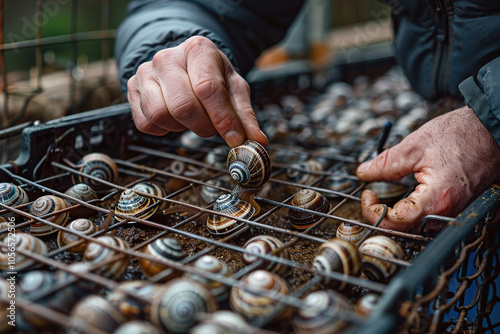 Snail farmer feeding snails in outdoor pens, checking their shells