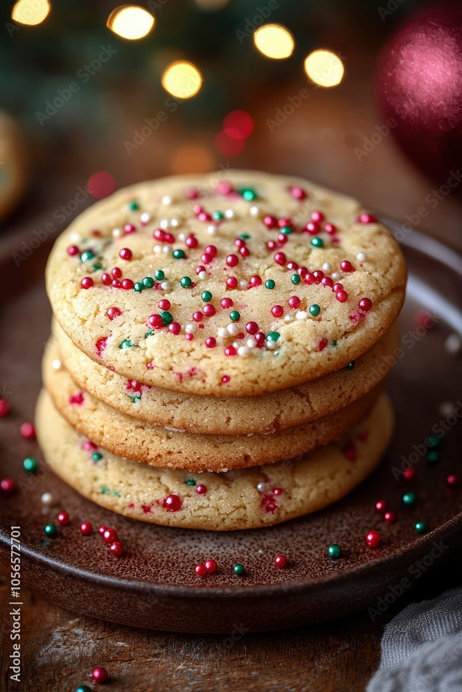 Stack of Sprinkled Cookies on a Brown Plate Stack of Sprinkled Cookies on a Brown Plate