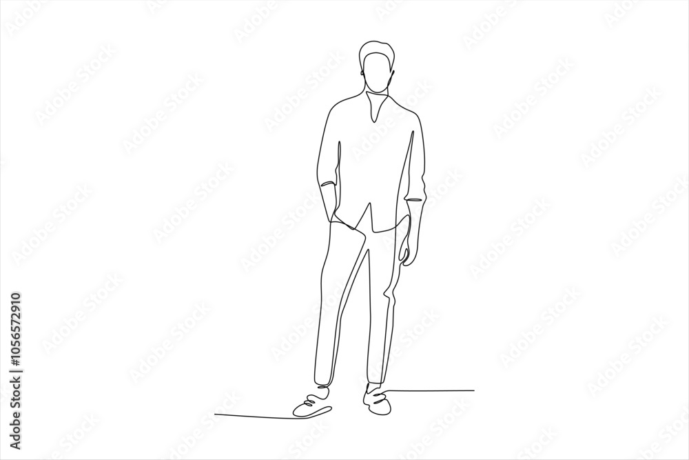 A minimalistic line drawing of a standing man in casual attire.
